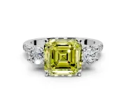 3 Stone Engagement Ring Setting for Fancy Yellow Asscher Cut Center with Crossover Basket, Pave Band and Prong Head in Platinum
