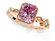 Vintage Station Engagement Ring Setting for Fancy Pink Radiant Cut Center with Accents and Prong Head in Rose Gold