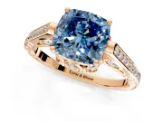 Cathedral Engagement Ring Setting for Fancy Blue Cushion Cut Center with Antique-Style Pave Band and Prong Head in Rose Gold