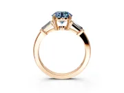 3 Stone Engagement Ring Setting for Fancy Blue Round Cut Center with Baguette Accents and Prong Head in Rose Gold