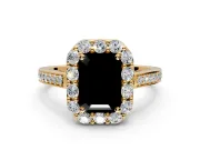 Floral Halo Engagement Ring Setting for Fancy Black Emerald Cut Center with Large Halo Accents and Prong Head in Yellow Gold