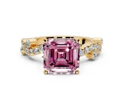 Solitaire Engagement Ring Setting for Fancy Pink Asscher Cut Center with Bar-Station Pave Twist and Prong Head in Yellow Gold