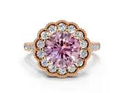 Milgrain Floral Halo Engagement Ring Setting for Fancy Pink Round Cut Center with Pave Band and Prong Head in Rose Gold