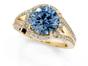 Halo Engagement Ring Setting for Fancy Blue Round Cut Center with Pave Split Shank and Prong Head in Yellow Gold