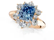 Small-Accent Cluster Halo Engagement Ring Setting for Fancy Blue Radiant Cut Center with Plain Band and Prong Head in Rose Gold