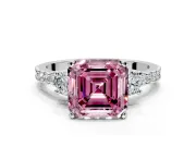 3 Stone Engagement Ring Setting for Fancy Pink Asscher Cut Center with Round Cut Side Accents and Prong Head in Platinum