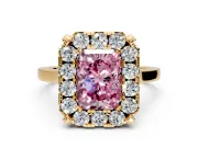 Single Halo Engagement Ring Setting for Fancy Pink Radiant Cut Center with Corner Claws, Plain Band and Prong Head in Yellow Gold