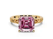 Solitaire Engagement Ring Setting for Fancy Pink Asscher Cut Center with XO Engraved Band and Prong Head in Yellow Gold
