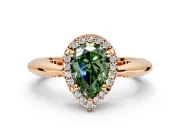 Halo Engagement Ring Setting for Fancy Green Pear-Shaped Center with Tapered Plain Band and Prong Head in Rose Gold