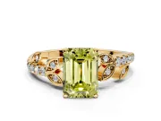 Leaf Motif Engagement Ring Setting for Fancy Yellow Emerald Cut Center with Pave Band and Prong Head in Yellow Gold