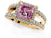 Halo Engagement Ring Setting for Fancy Pink Princess Cut Center with Wide-Open Pave Split Shank and Prong Head in Yellow Gold