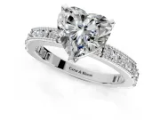 Solitaire Engagement Ring Setting for Heart-Shaped Center with Milgrain-Edged Pave Band and Prong Head in Platinum