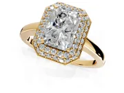 Halo Engagement Ring Setting for Radiant Cut Center with Plain Tapered Band and Prong Head in Yellow Gold