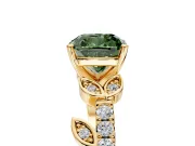 Leaf Motif Engagement Ring Setting for Fancy Green Cushion Cut Center with Pave Band and Prong Head in Yellow Gold