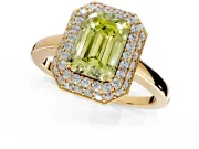 Halo Engagement Ring Setting for Fancy Yellow Emerald Cut Center with Plain Tapered Band and Prong Head in Yellow Gold