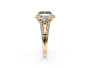 Halo Engagement Ring Setting for Fancy Green Radiant Cut Center with Two-Strand Split Shank and Prong Head in Yellow Gold