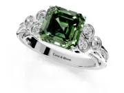 Cluster Engagement Ring Setting for Fancy Green Asscher Cut Center with Bezel Accent Clusters and Prong Head in Platinum