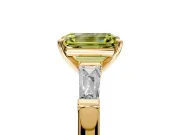 3 Stone Engagement Ring Setting for Fancy Yellow Emerald Cut Center with Tapered Baguettes, Plain Band and Prong Head in Yellow Gold