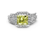 Bypass Halo Engagement Ring Setting for Fancy Yellow Princess Cut Center with Bezel Accents, Milgrain and Prong Head in Platinum