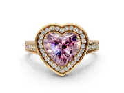 Halo Engagement Ring Setting for Fancy Pink Heart-Shaped Center with Outer Bezel Rim, Pave Band and Prong Head in Yellow Gold