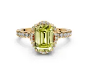 Halo Engagement Ring Setting for Fancy Yellow Emerald Cut Center with Openwork Halo, Pave Band and Prong Head in Yellow Gold
