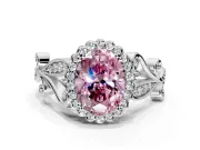Halo Engagement Ring Setting for Fancy Pink Oval Center with Leaf Motif Split Shank and Prong Head in Sterling Silver