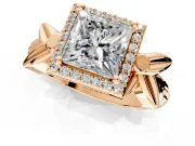 Halo Engagement Ring Setting for Princess Cut Center with Floral Band and Prong Head in Rose Gold