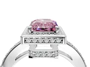 Halo Engagement Ring Setting for Fancy Pink Radiant Cut Center with Metal-Rimmed Halo, Pave Band and Prong Head in Platinum