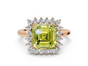 Starburst Halo Engagement Ring Setting for Fancy Yellow Asscher Cut Center with Thin Round-Wire Band and Prong Head in Rose Gold