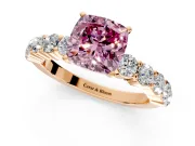 Shared-Prong Engagement Ring Setting for Fancy Pink Cushion Cut Center with Graduated Accents and Prong Head in Rose Gold