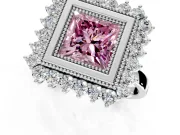 Halo Engagement Ring Setting for Fancy Pink Princess Cut Center with Milgrain Bezel Rim, Plain Band and Prong Head in Platinum