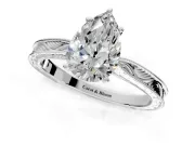 Solitaire Engagement Ring Setting for Pear-Shaped Center with Engraved Milgrain Band and Prong Head in White Gold