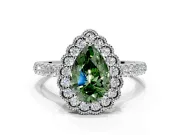 Milgrain Floral Halo Engagement Ring Setting for Fancy Green Pear-Shaped Center with Pave Band and Prong Head in Platinum