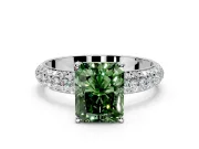 Solitaire Engagement Ring Setting for Fancy Green Radiant Cut Center with Domed Multi-Row Pave Band and Prong Head in Platinum