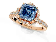 Floral Halo Engagement Ring Setting for Fancy Blue Asscher Cut Center with Pave Band and Prong Head in Rose Gold