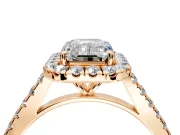 Halo Engagement Ring Setting for Emerald Cut Center with Narrowing Pave Band and Prong Head in Rose Gold