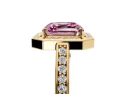Halo Engagement Ring Setting for Fancy Pink Asscher Cut Center with Framed Halo, Pave Band and Prong Head in Yellow Gold