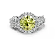 Milgrain Halo Engagement Ring Setting for Fancy Yellow Round Cut Center with Shoulder Bezels and Prong Head in White Gold