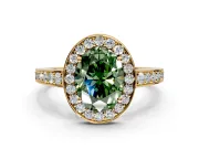 Bezel-Framed Halo Engagement Ring Setting for Fancy Green Oval Center with Pave Band and Prong Head in Yellow Gold