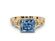 Solitaire Engagement Ring Setting for Fancy Blue Princess Cut Center with Filigree Band and Prong Head in Yellow Gold