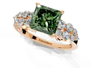 Cluster Engagement Ring Setting for Fancy Green Princess Cut Center with 2-Row Shoulder Clusters and Prong Head in Rose Gold