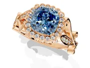 Halo Engagement Ring Setting for Fancy Blue Cushion Cut Center with Leaf Motif Split Shank and Prong Head in Rose Gold