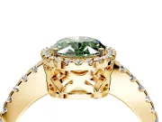 Accent Halo Engagement Ring Setting for Fancy Green Oval Center with Full-Length Pave Band and Prong Head in Yellow Gold