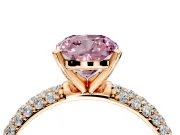 Solitaire Engagement Ring Setting for Fancy Pink Cushion Cut Center with Domed Multi-Row Pave Band and Prong Head in Rose Gold