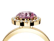 Halo Engagement Ring Setting for Fancy Pink Round Cut Center with Thin Plain Band and Prong Head in Yellow Gold