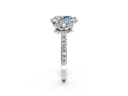 Halo Engagement Ring Setting for Fancy Blue Pear-Shaped Center with Openwork Halo, Pave Band and Prong Head in Platinum