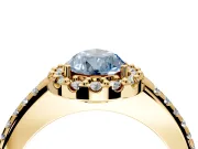 Pave Halo Engagement Ring Setting for Fancy Blue Pear-Shaped Center with Single Row Pave Band and Prong Head in Yellow Gold