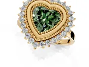 Halo Engagement Ring Setting for Fancy Green Heart-Shaped Center with Milgrain Bezel Rim, Plain Band and Prong Head in Yellow Gold