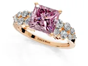 Cluster Engagement Ring Setting for Fancy Pink Princess Cut Center with 2-Row Shoulder Clusters and Prong Head in Rose Gold