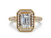 Milgrain Halo Engagement Ring Setting for Emerald Cut Center with Three-Sided Pave Band and Prong Head in Yellow Gold
